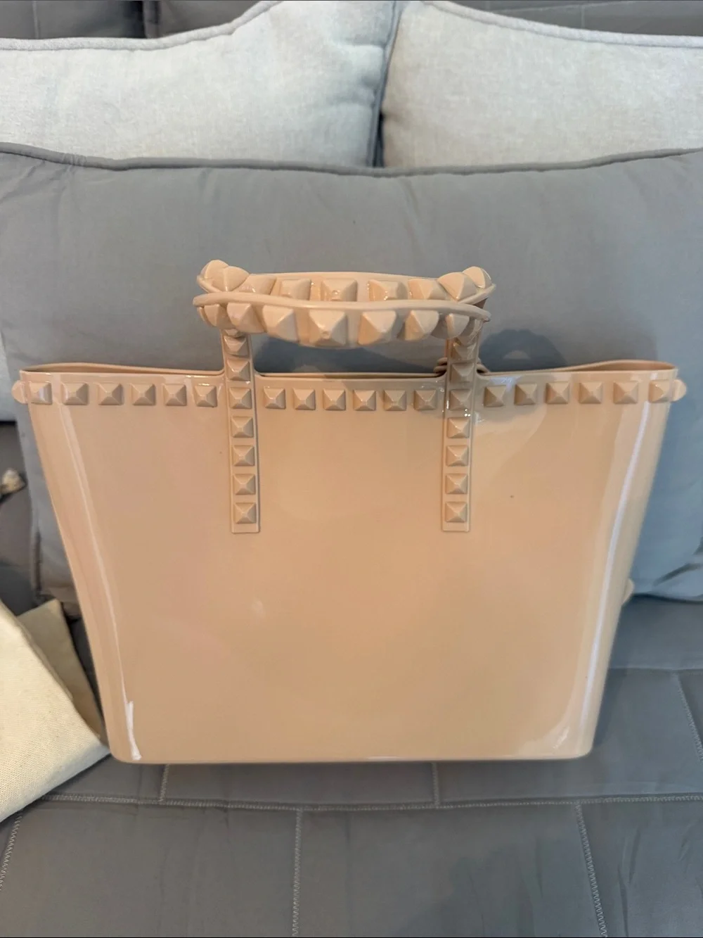 Patent Beige Stud-Trim Tote with Logo Charm